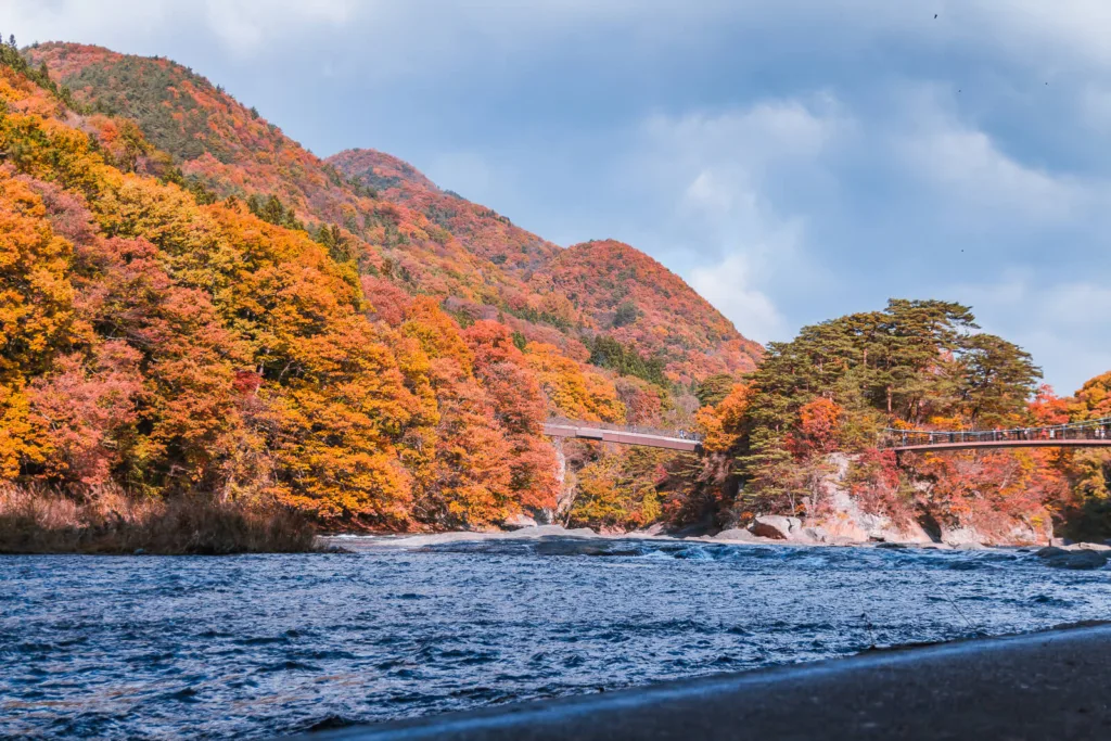 Fukiware Falls near Nikko with vibrant autumn leaves in the background and a bridge crossing the nearby area.