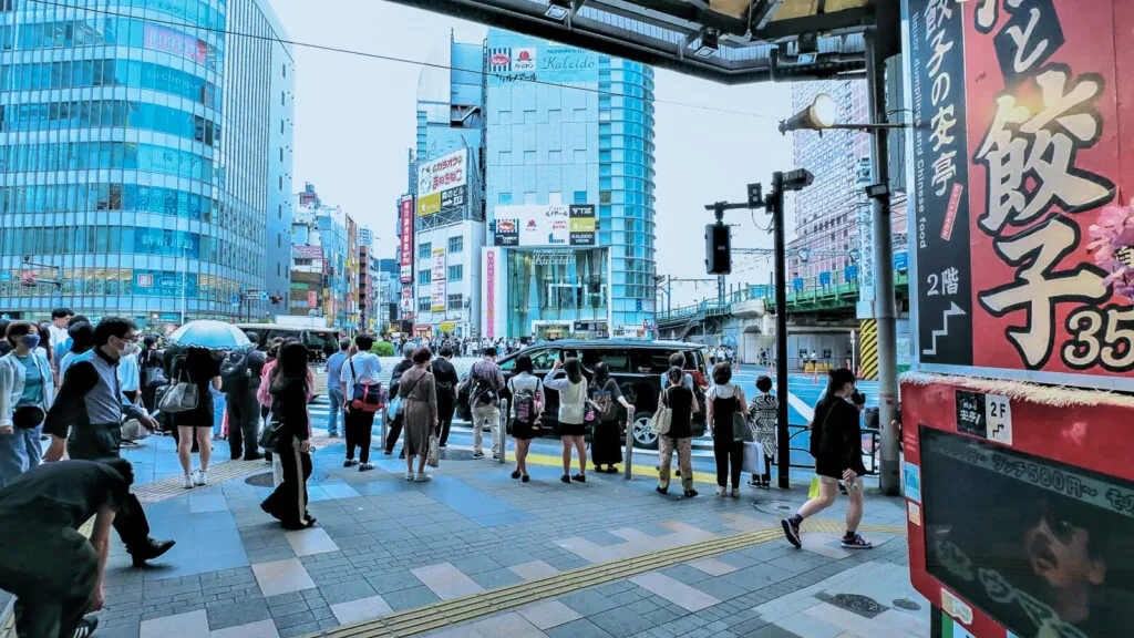 An evening view of the Omoide Yokocho.  It's a view of Shinjuku from the end of Omoide Yokocho.